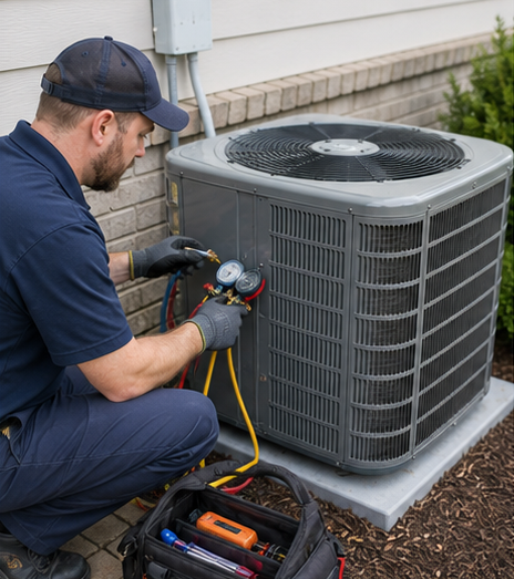 Technician servicing an outdoor air conditioner unit with gauges and tools.