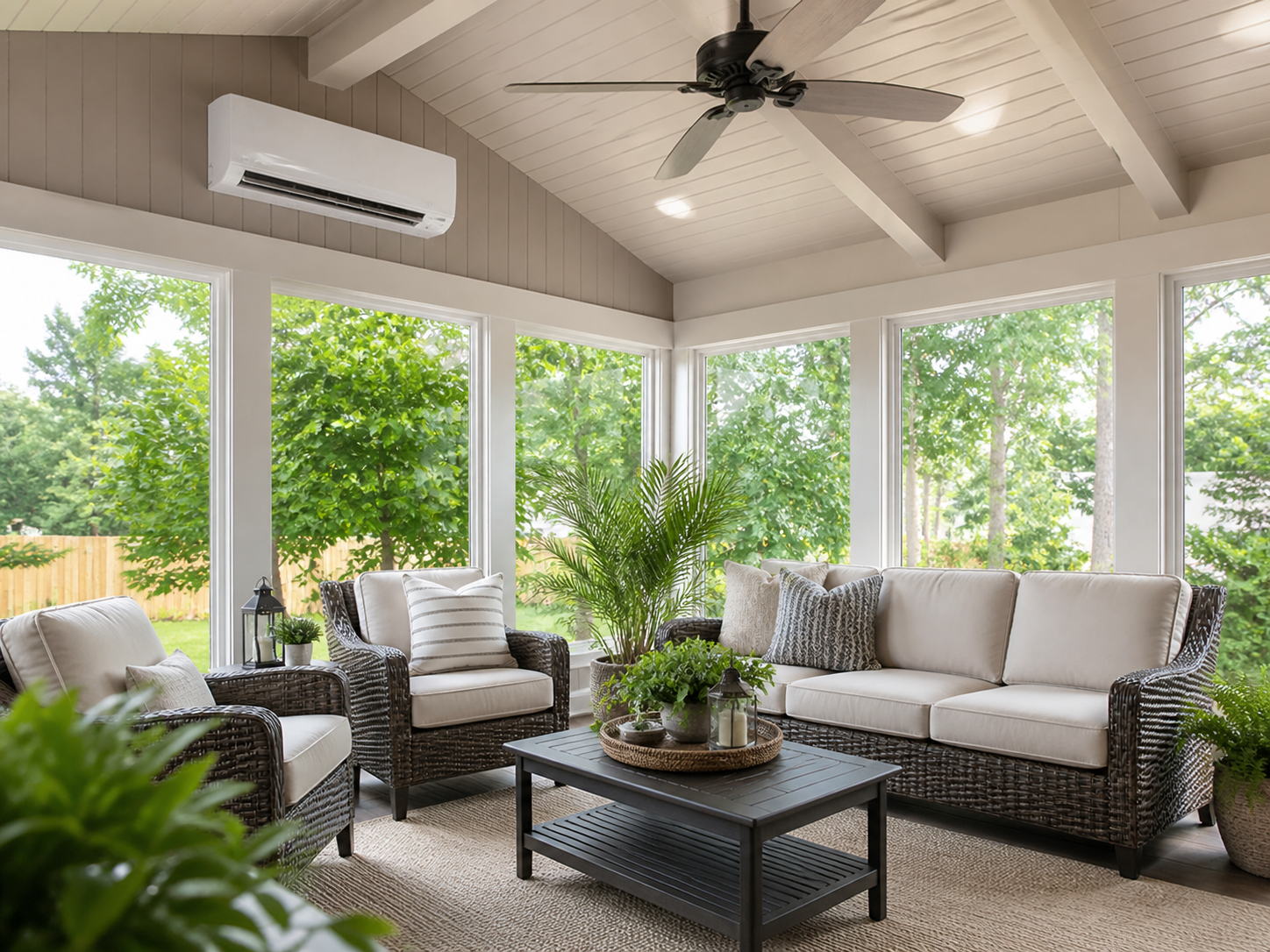 Bright sunroom with wicker seating, coffee table, ceiling fan, and large windows overlooking greenery