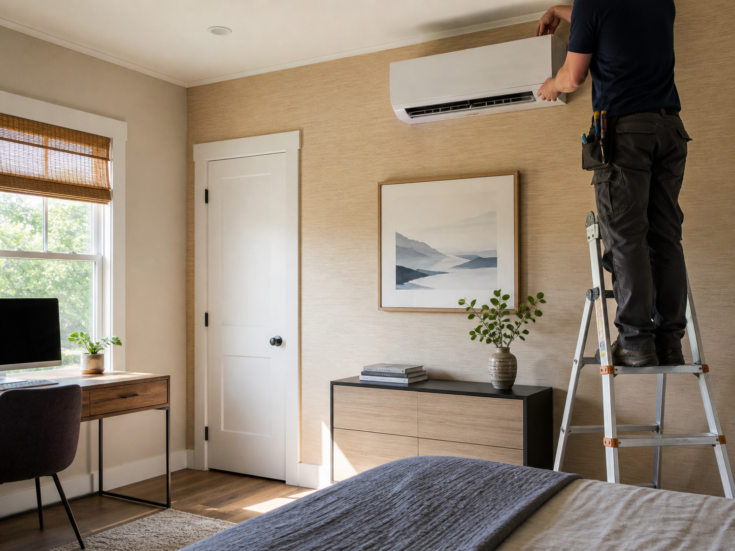 Person on a ladder installing a wall-mounted air conditioner in a beige bedroom