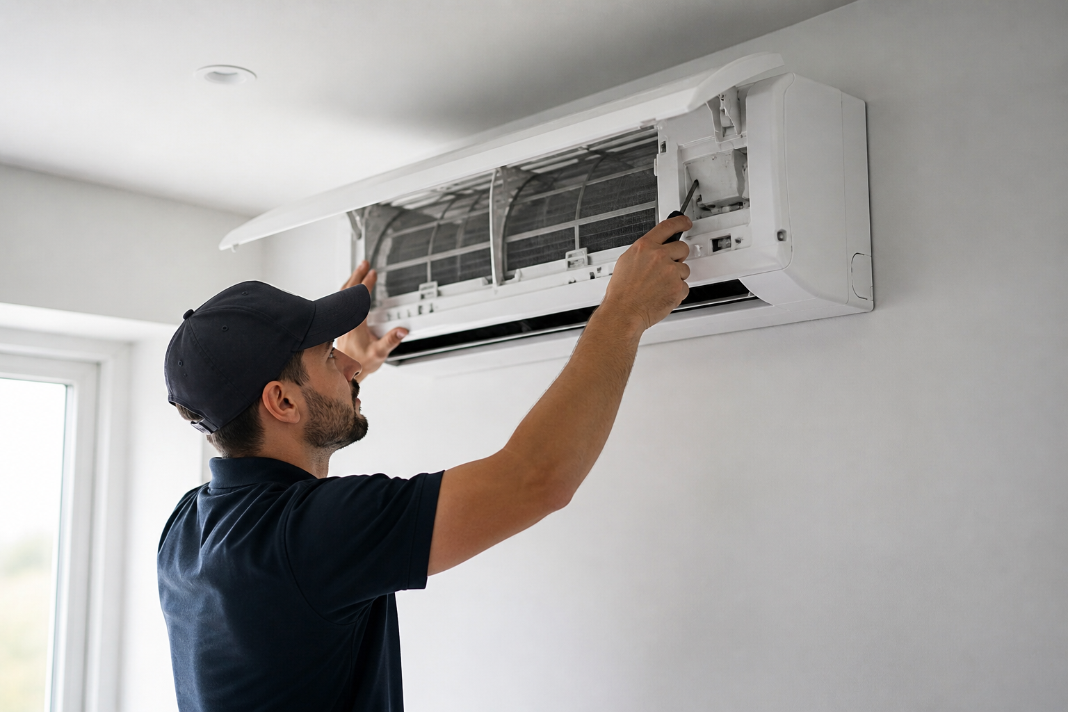 Technician repairing a wall-mounted air conditioner indoors