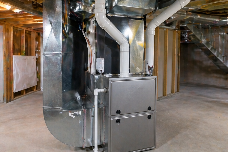 Basement HVAC system with metal ductwork and furnace unit in an unfinished space