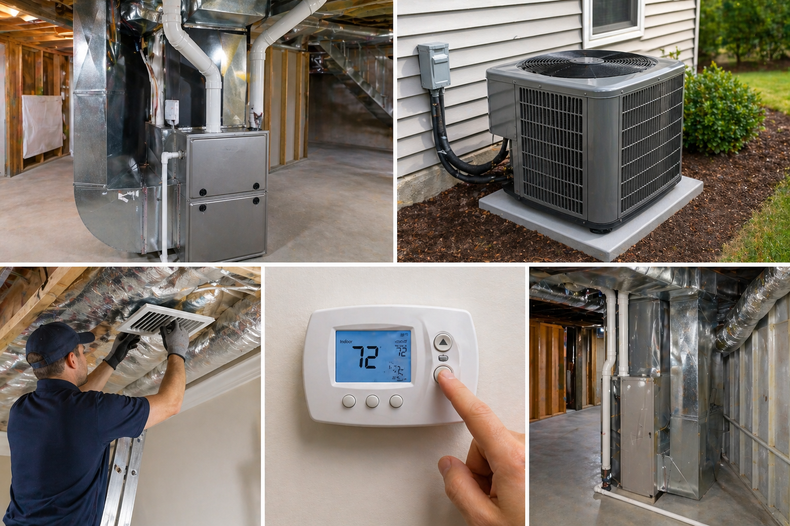 HVAC system collage: furnace, outdoor AC unit, thermostat set to 72°, and ductwork in a home crawlspace