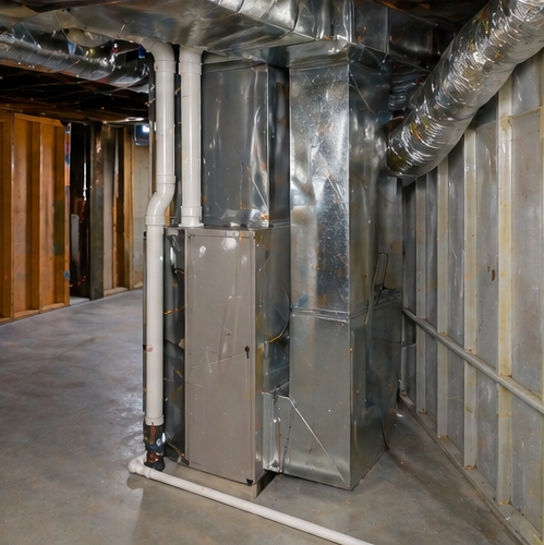 Basement HVAC room with metal ductwork, pipes, and a furnace unit beside unfinished walls