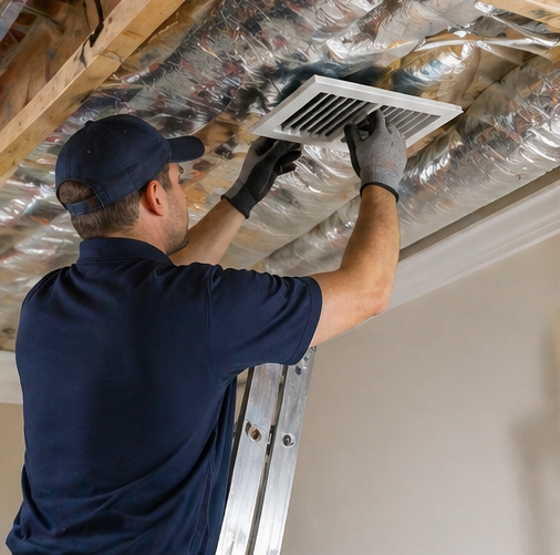 Technician installing a ceiling air vent under exposed ductwork on a ladder