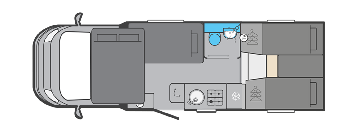 Night Time Layout - Option 1 swift voyager 485 5 berth motorhome hire rental - opt1 - night time layout
