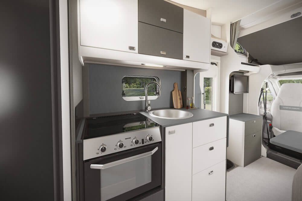 swift voyager 475 5 berth motorhome hire rental for 5 people rear lounge, holiday perfect for Holiday, Festivals, F1, Silverstone, Glastonbury, touring, travelling, camping, kitchen