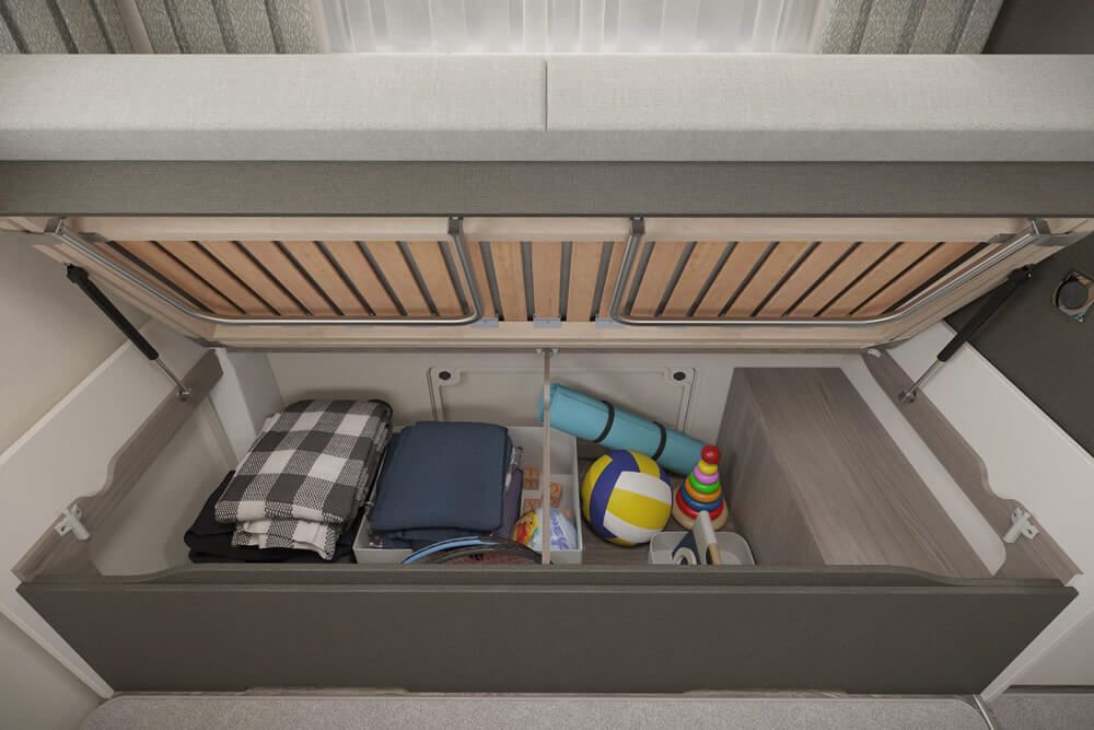 swift voyager 475 5 berth motorhome hire rental for 2-5 people rear lounge festivals, kids holidays, half term, interior storage