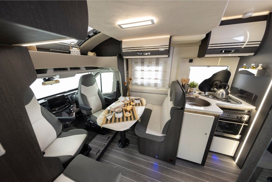 Roller Team Zefiro 685 4 berth motorhome for rental comes with toilet, shower, kitchen, two fixed rear single beds great for holiday, festival, self contained, accommodation, camping, kids holidays, dog friendly,