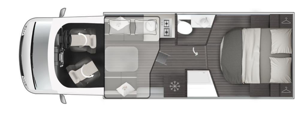 Floorplan / Layout Roller Team Zefiro 696 4 berth motorhome hire rental - Layout