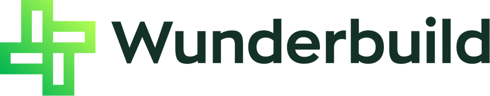 Logo of Wunderbuild, green gradient plus symbol followed by the word "Wunderbuild" in dark green.