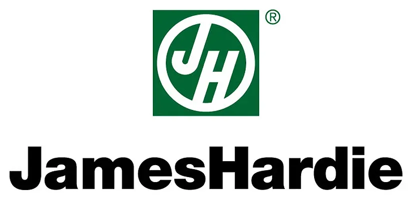 James Hardie logo: Green square with "JH" inside a circle, text "JamesHardie" below in black.
