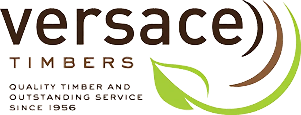 Logo for Versace Timbers: Brown text on white background with a green leaf and woodgrain-like design.