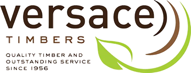 Versace Timbers logo: brown text and green leaf-like design; "Quality Timber and Outstanding Service Since 1956".