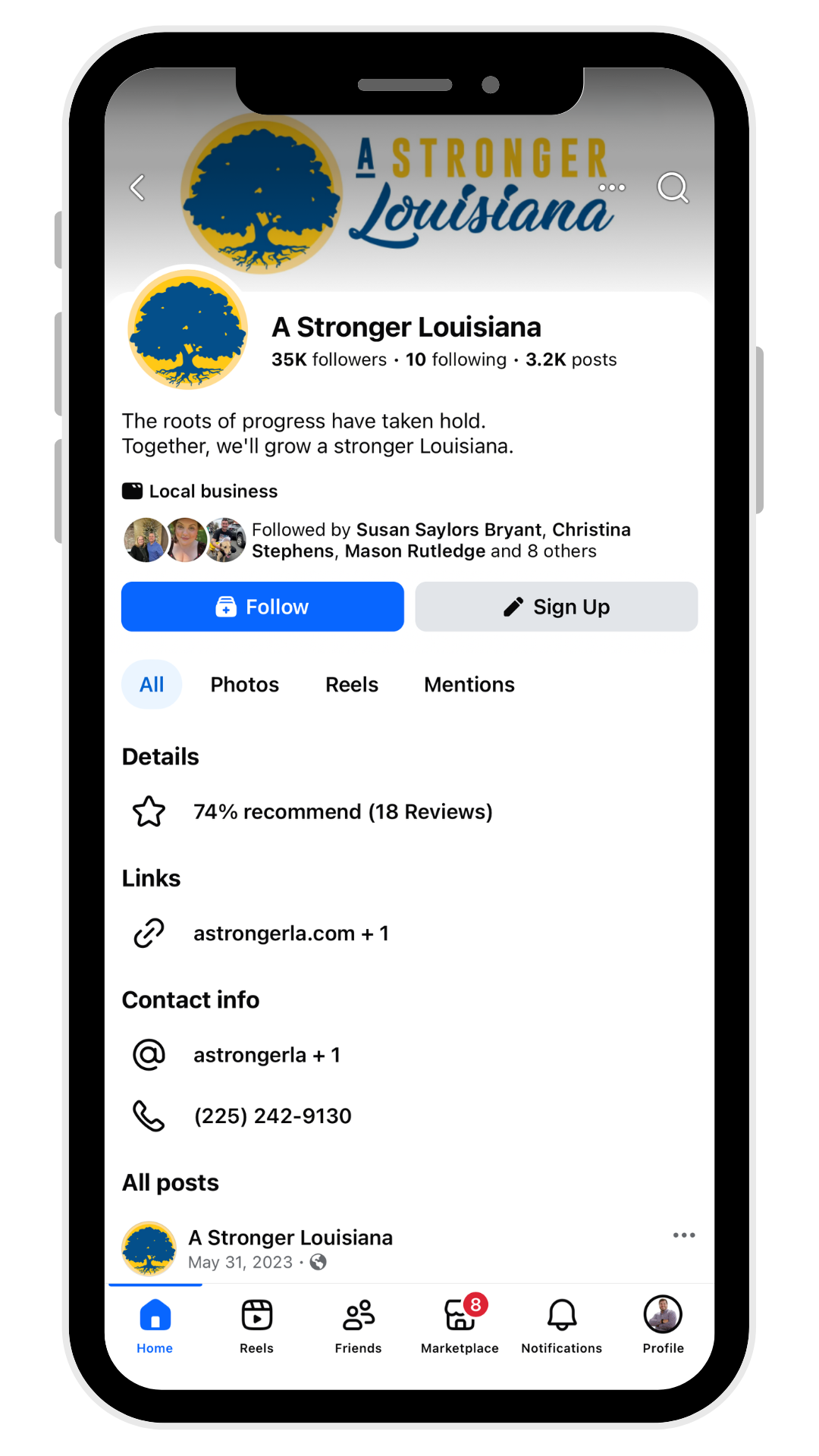 Mobile screen showing a Facebook page for “A Stronger Louisiana” with profile details and follow buttons