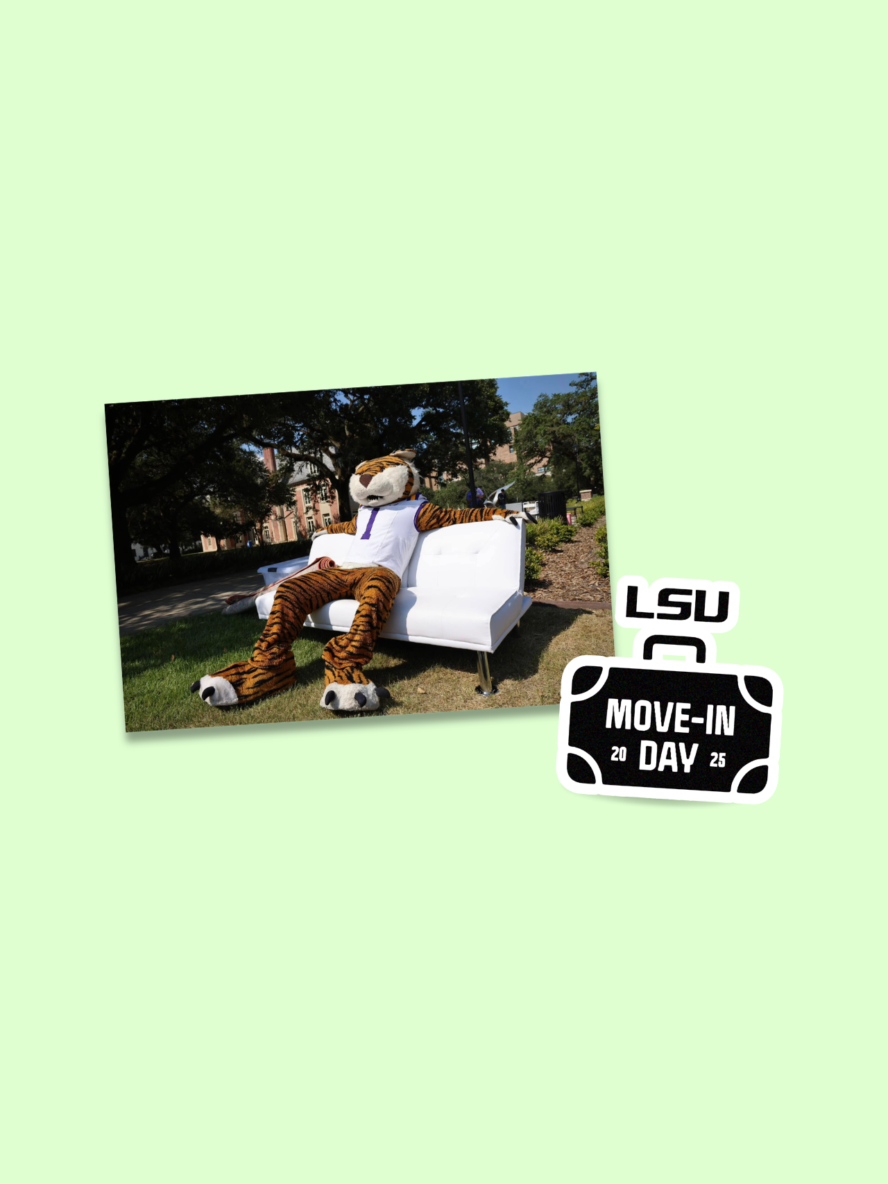 LSU move-in day graphic with a tiger mascot sitting in a white couch on a lawn.