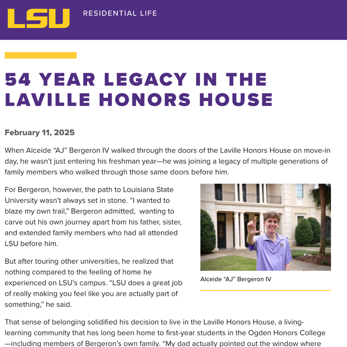 LSU Residential Life article page with headline “54 Year Legacy in the Laville Honors House” and a small campus photo