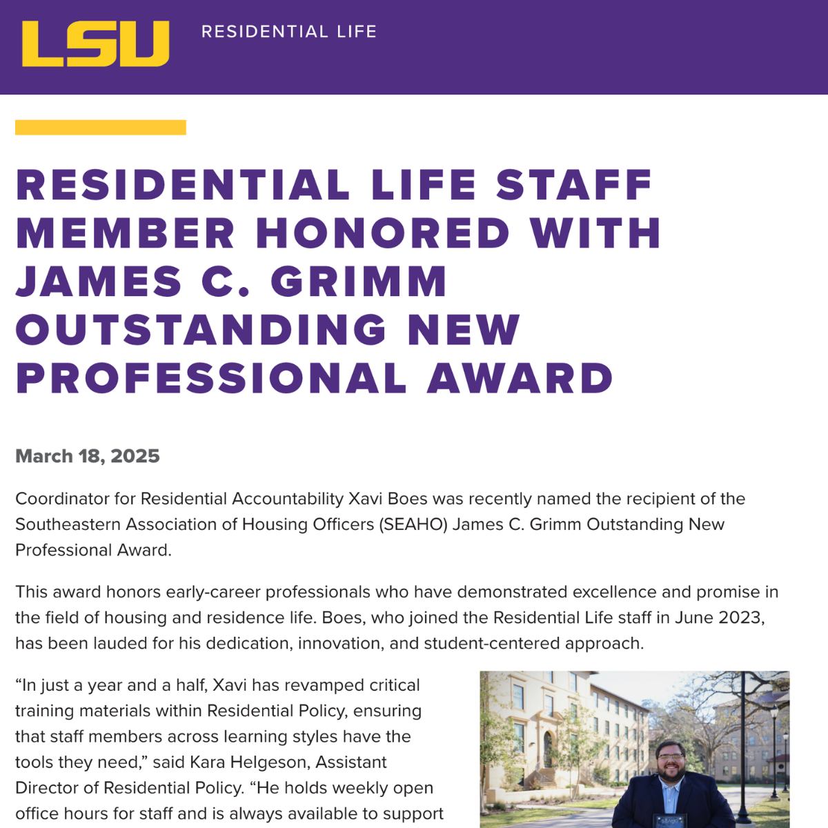 LSU Residential Life staff award announcement with purple headline and small outdoor photo of honoree