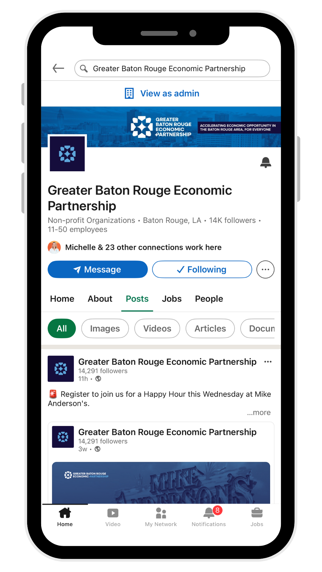 LinkedIn profile page for Greater Baton Rouge Economic Partnership on a phone screen, with blue banner and posts visible