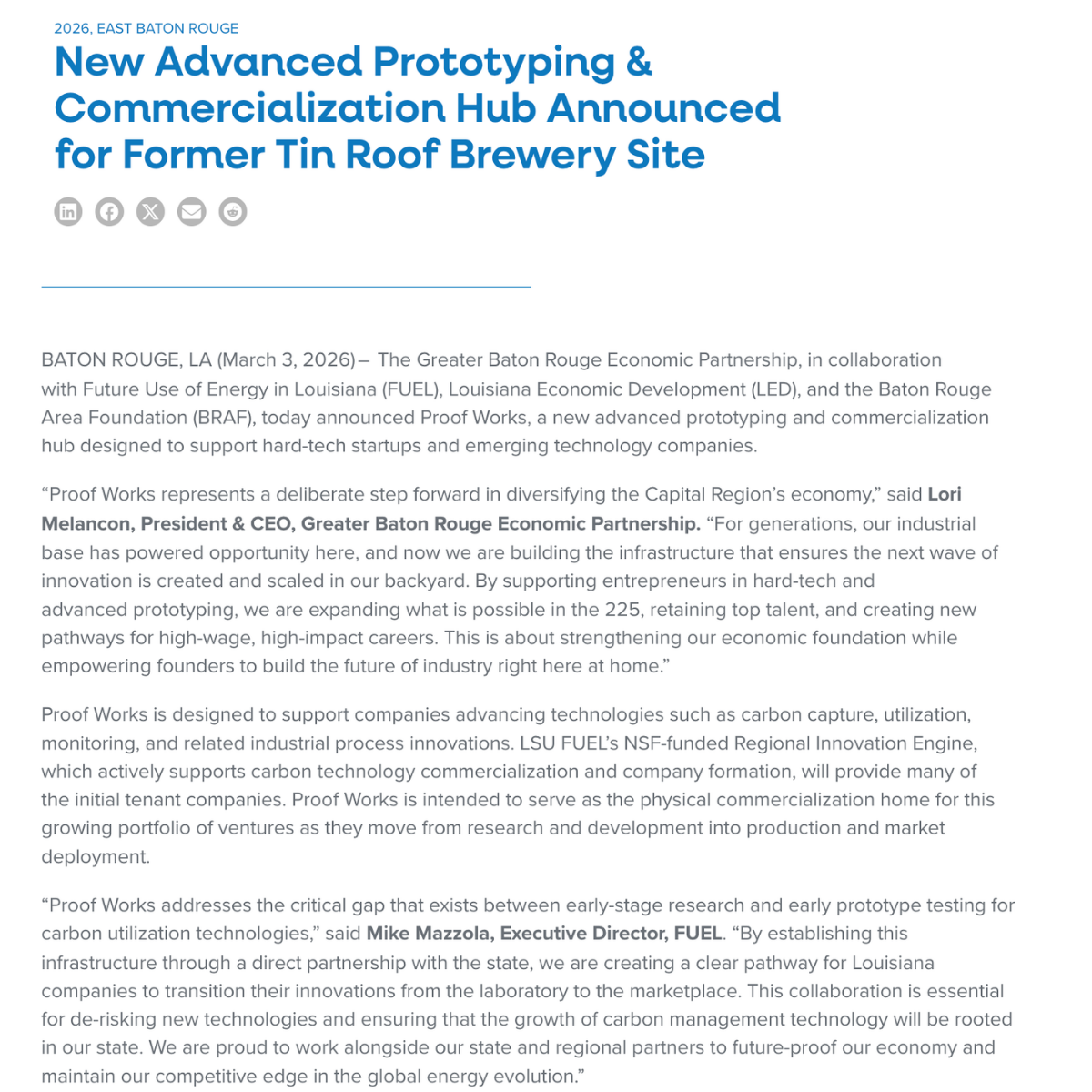 Article page titled “New Advanced Prototyping & Commercialization Hub Announced for Former Tin Roof Brewery Site”