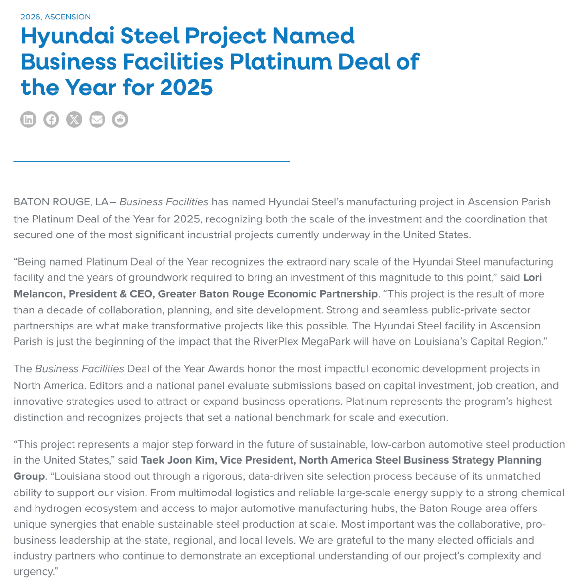 Hyundai Steel Project article headline in blue text on a white webpage screenshot