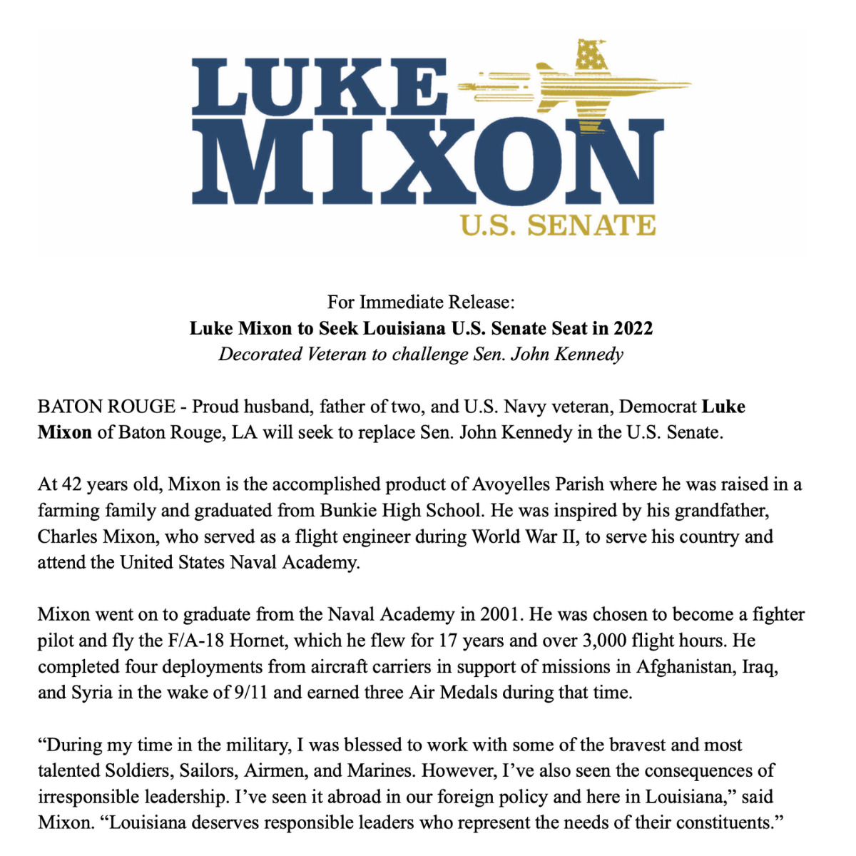 Luke Mixon U.S. Senate campaign announcement letter with navy and gold logo and text.