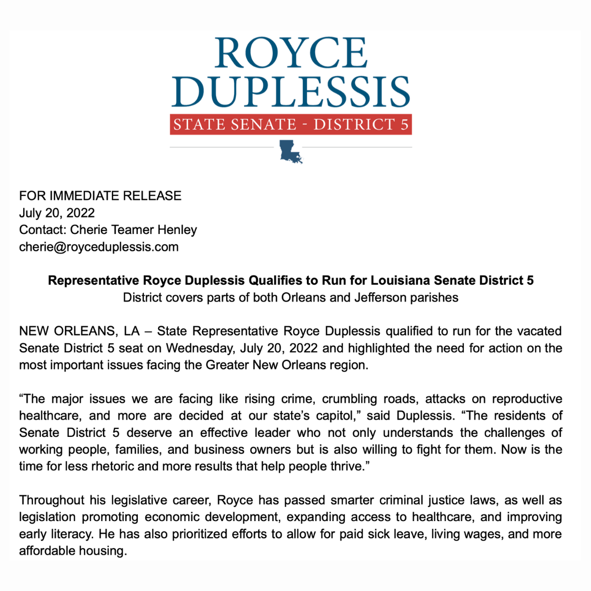 Royce Duplessis State Senate District 5 campaign announcement flyer with release date and contact info