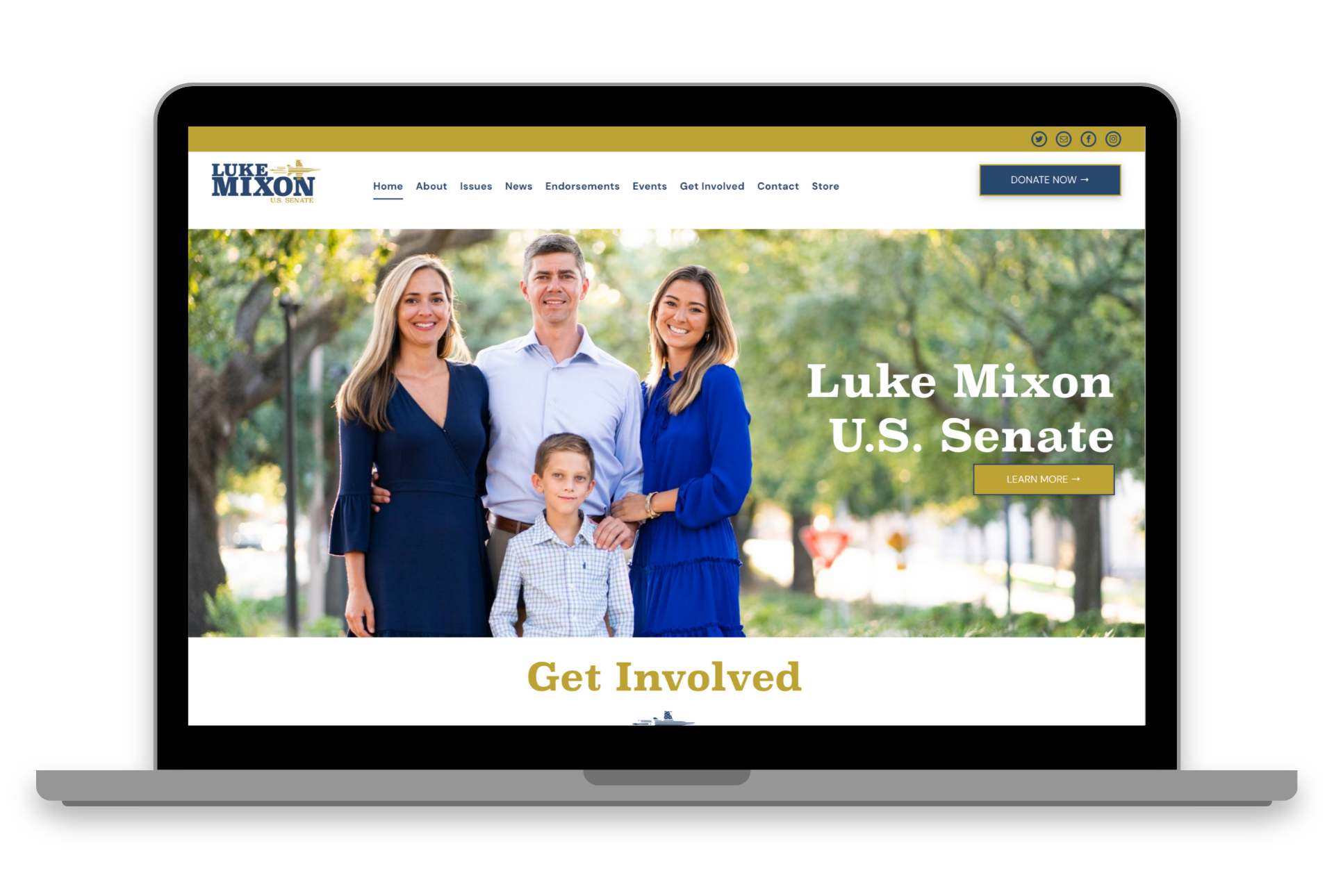 Laptop displaying Luke Mizon U.S. Senate campaign homepage with family photo and “Get Involved” button