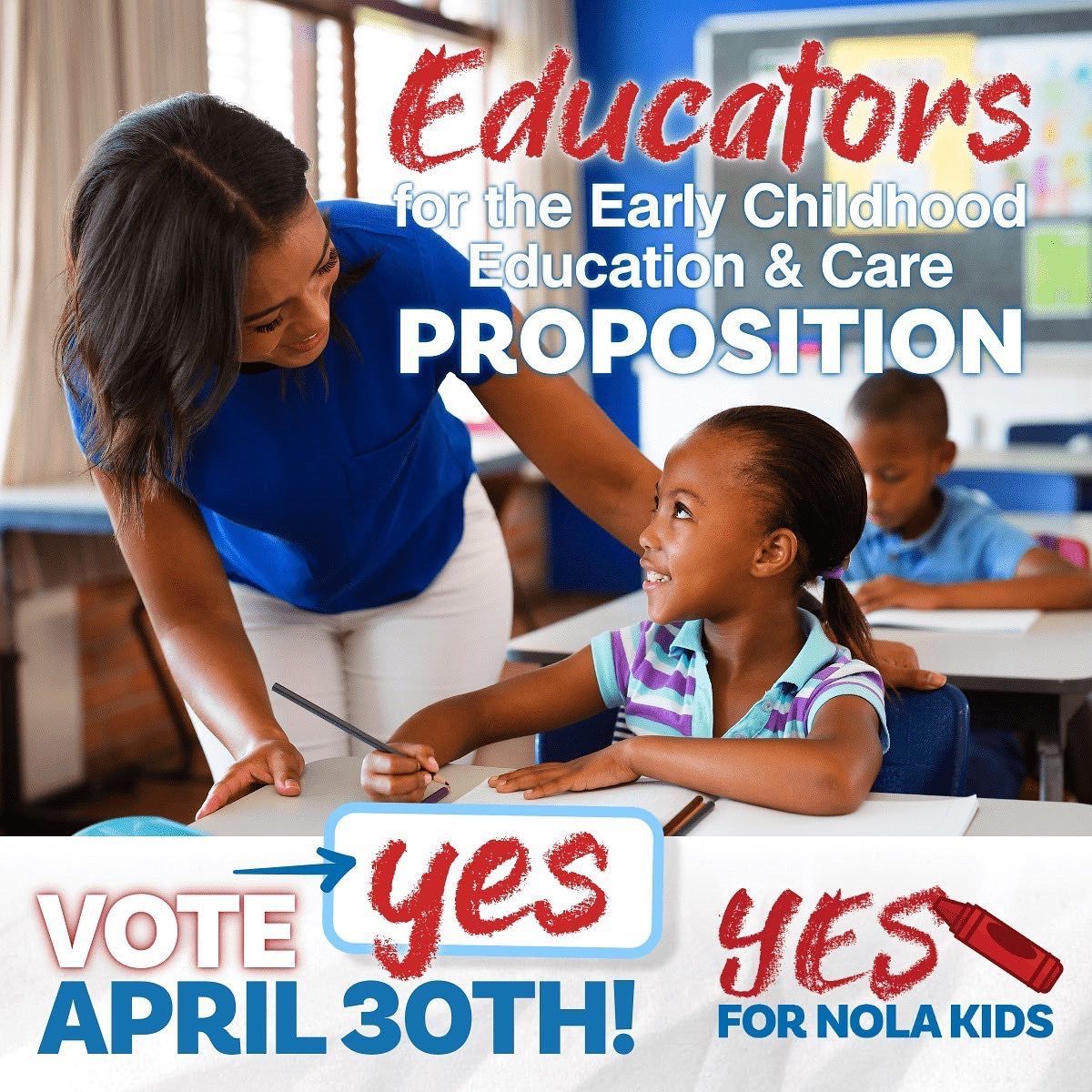 Campaign poster: teacher and child in classroom,