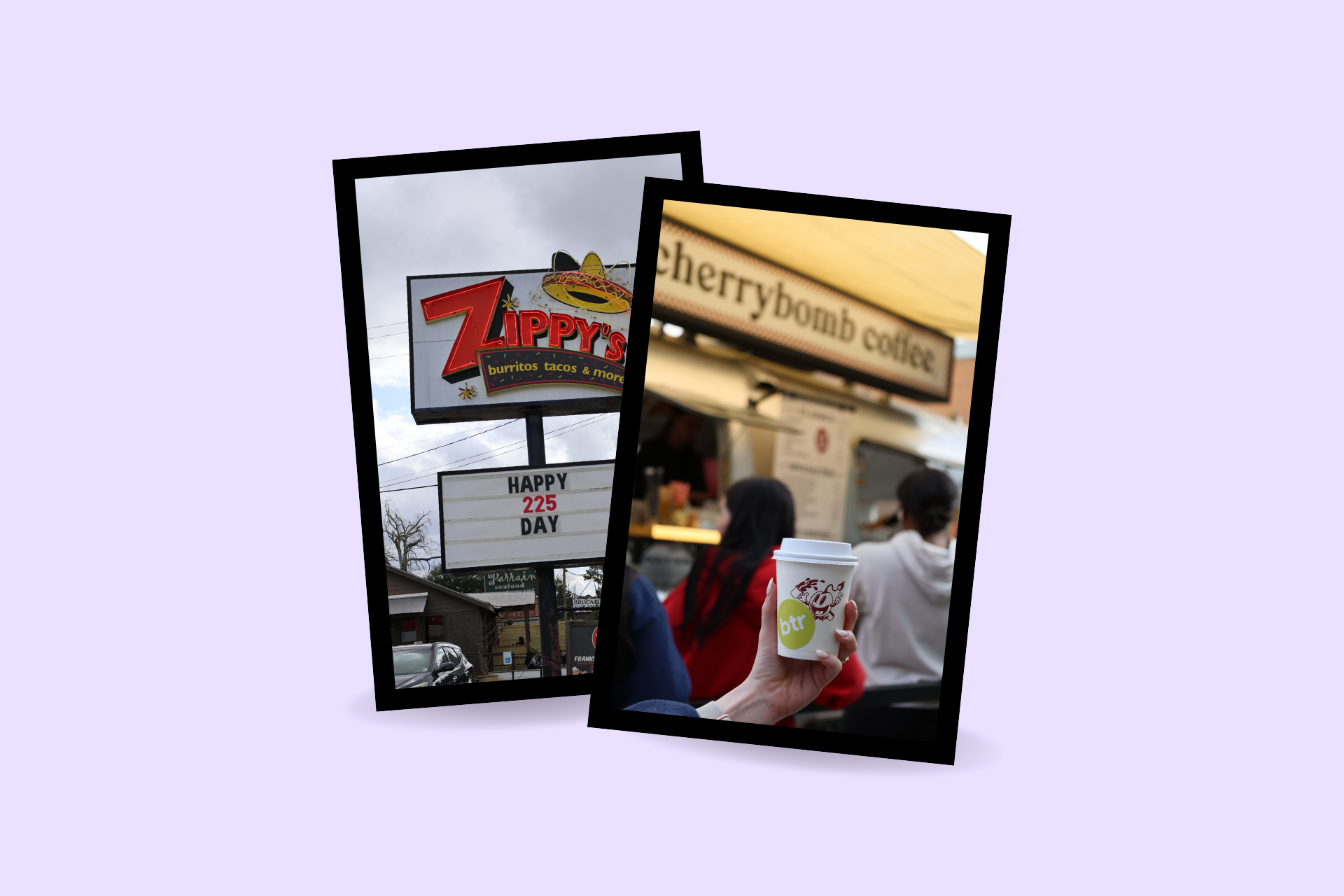 Two overlapping snapshots of a street scene with storefront signs and people walking nearby.