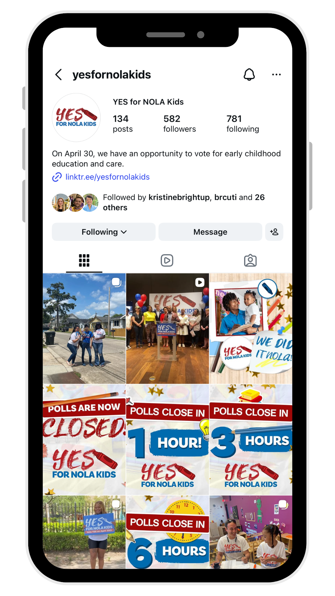 Smartphone screen showing an Instagram profile page with a photo grid and colorful posts.