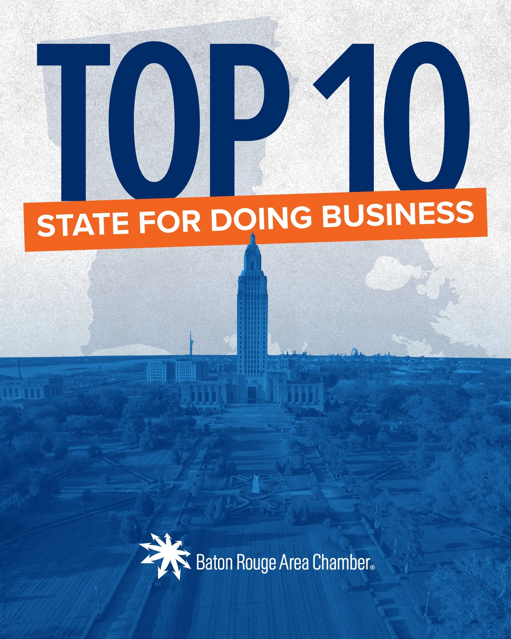 TOP 10 State for Doing Business poster with blue skyline and orange banner.