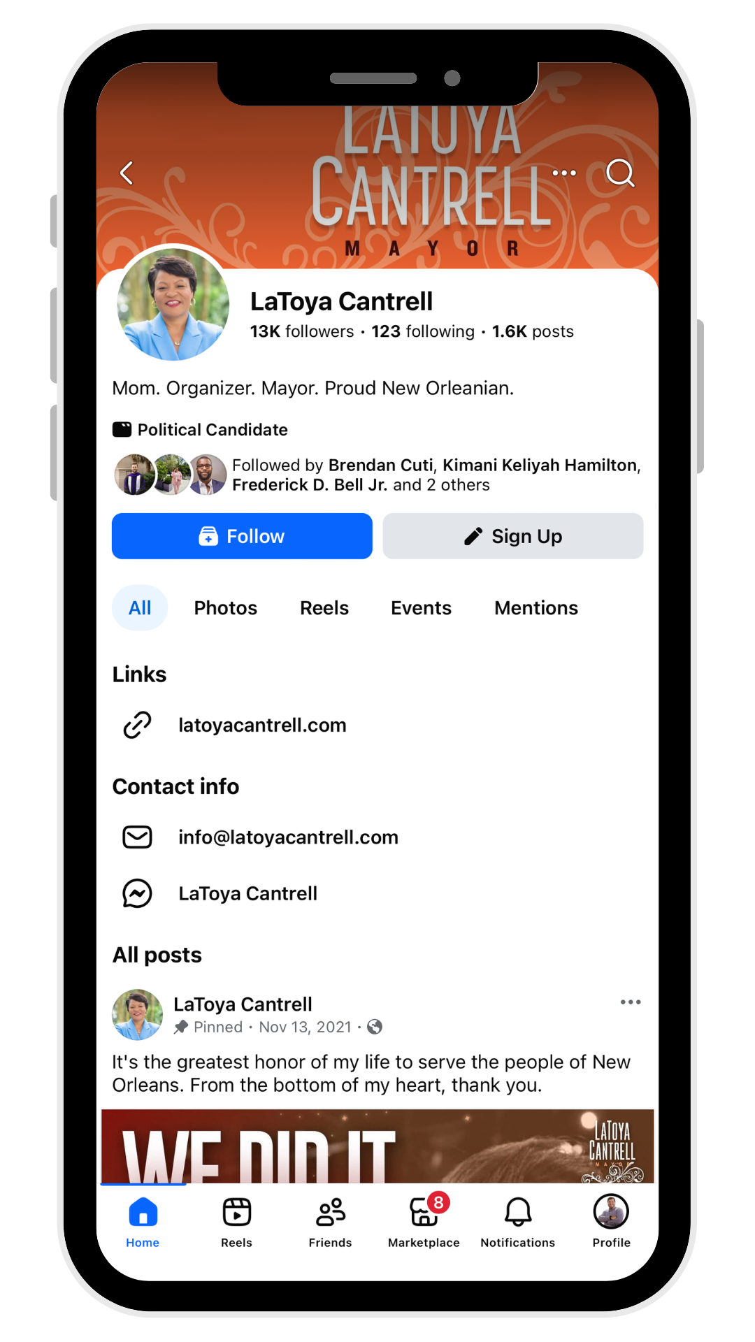 Facebook profile page on a phone for “Latoya Cantrell,” with a cover photo and blue Follow button.