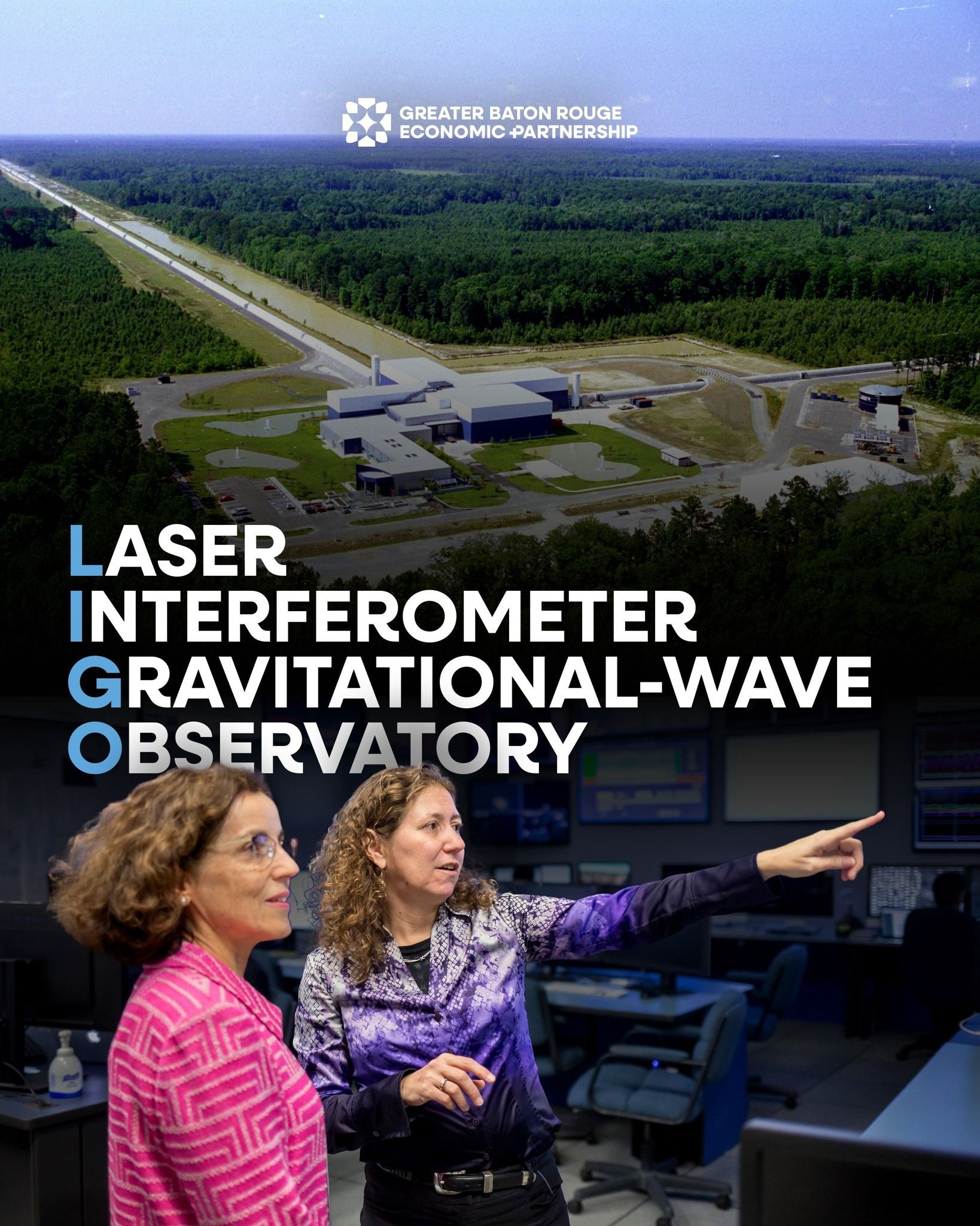 LIGO observatory with two scientists in front, one pointing at monitors, and text overlay on the facility