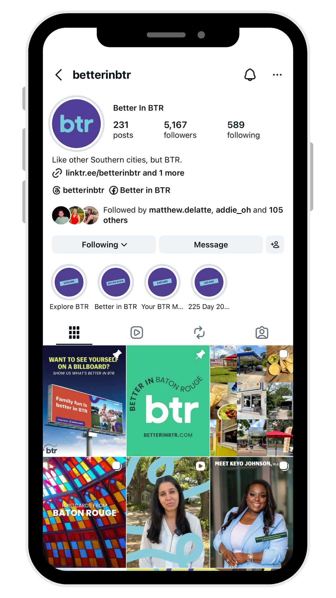 Instagram profile page for BTR on a phone, showing posts and circular highlight icons in a white interface