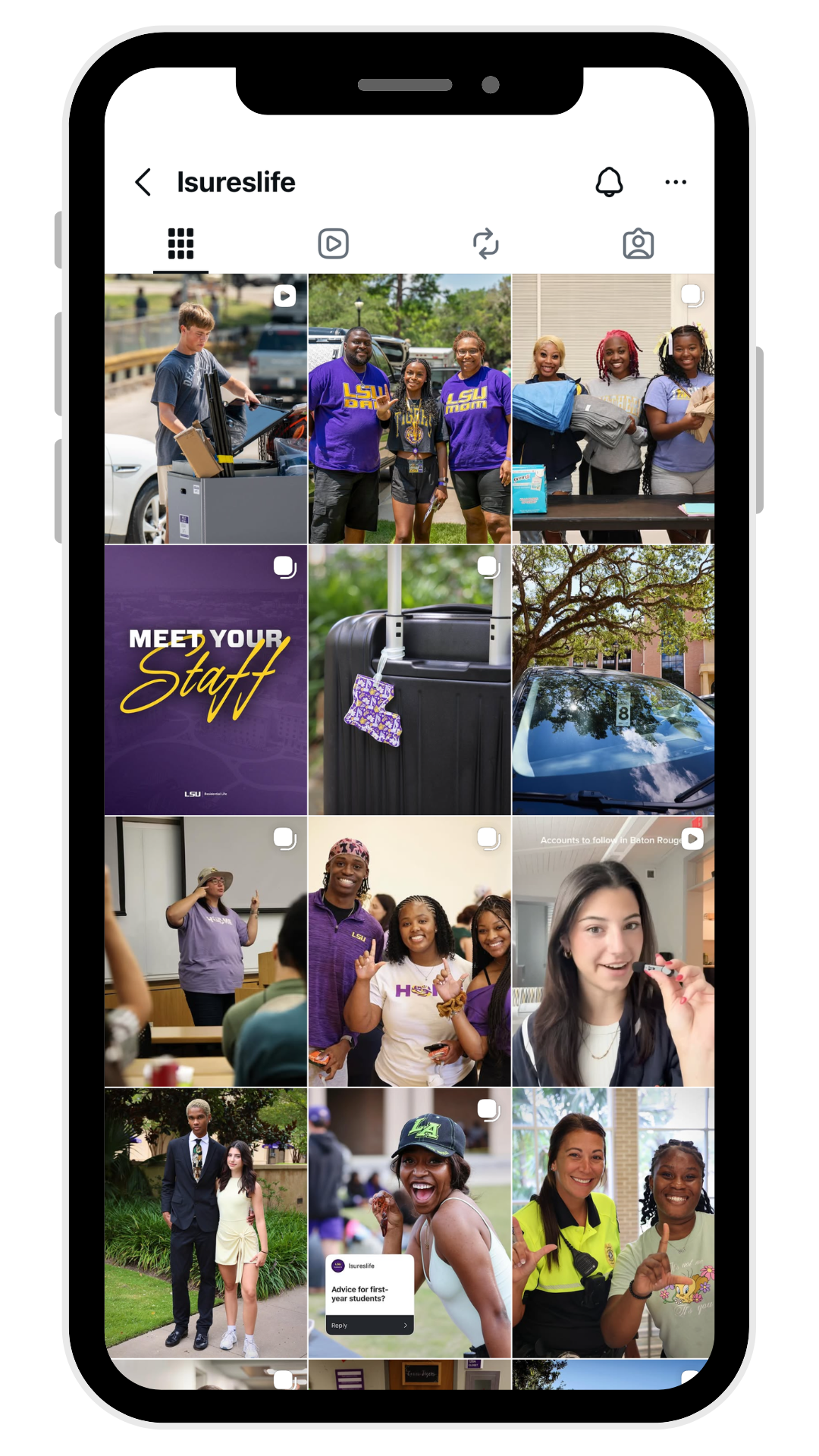 Instagram profile grid on a phone, showing photos of people at events and a purple graphic post