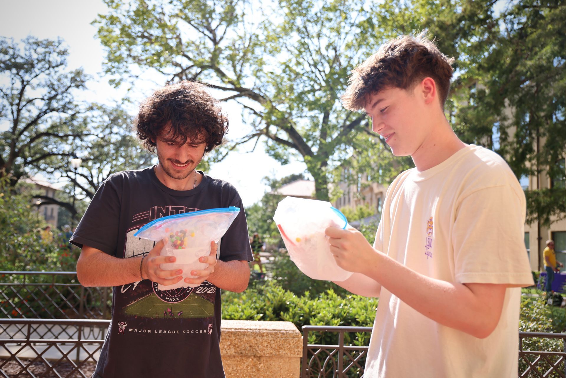 Two people outdoors reading papers in bright sunlight, with trees and a railing behind them