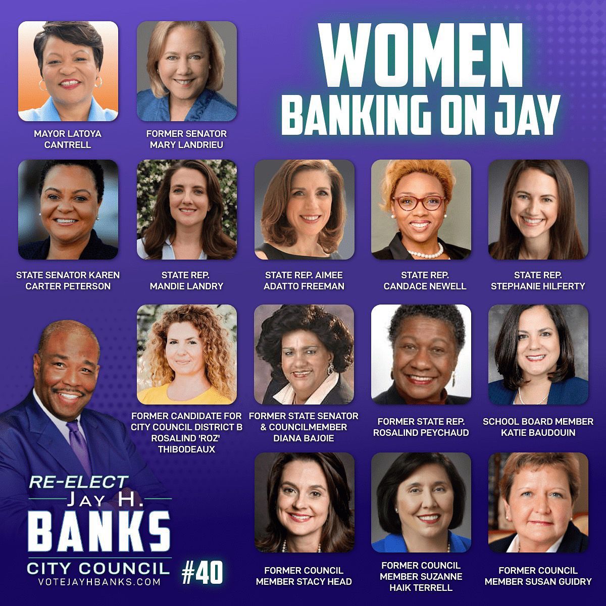 Campaign flyer for Jay H. Banks with multiple candidate headshots and the text “Women Banking on Jay”