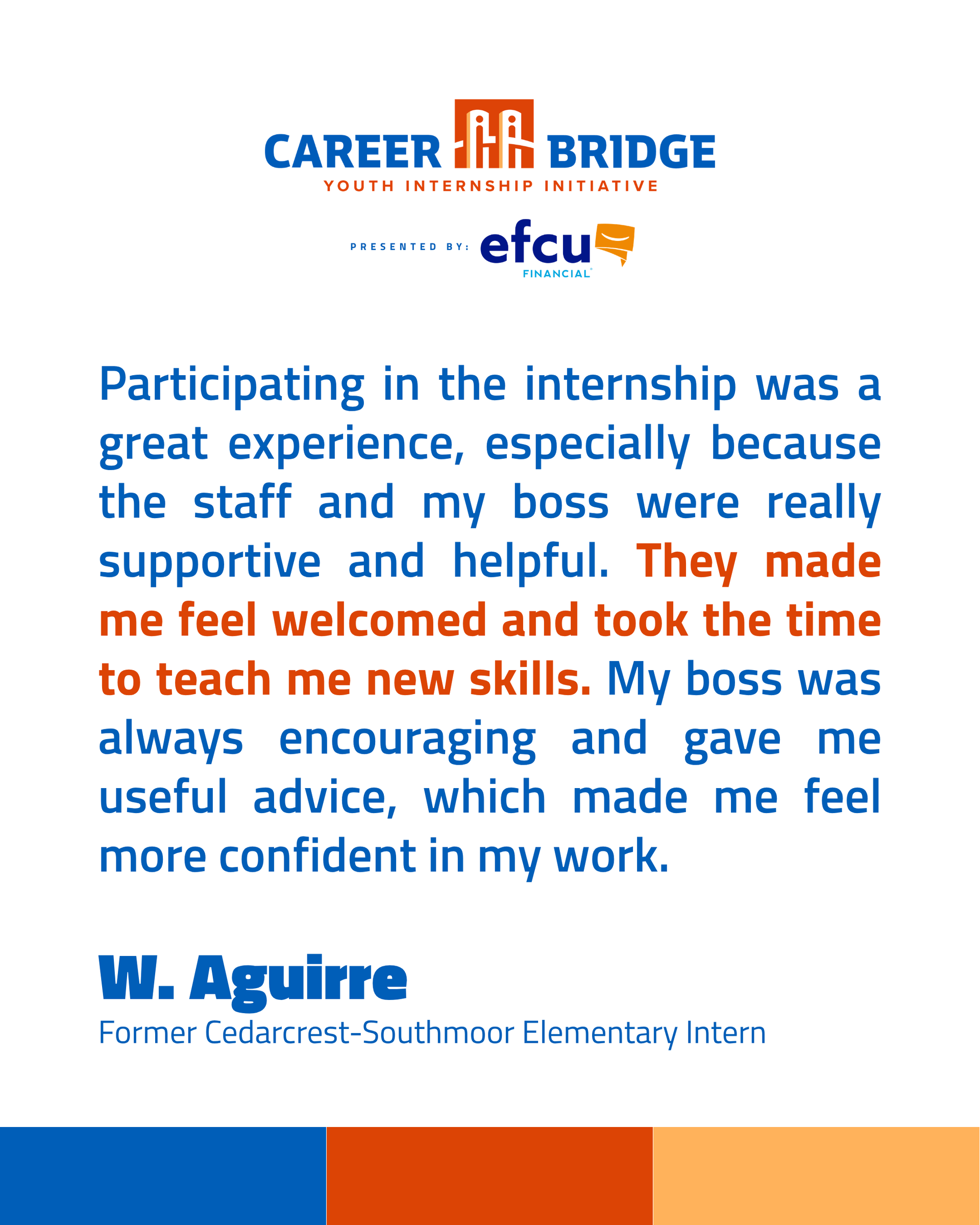 CareerBridge/efcu testimonial poster with blue and orange text on a white background