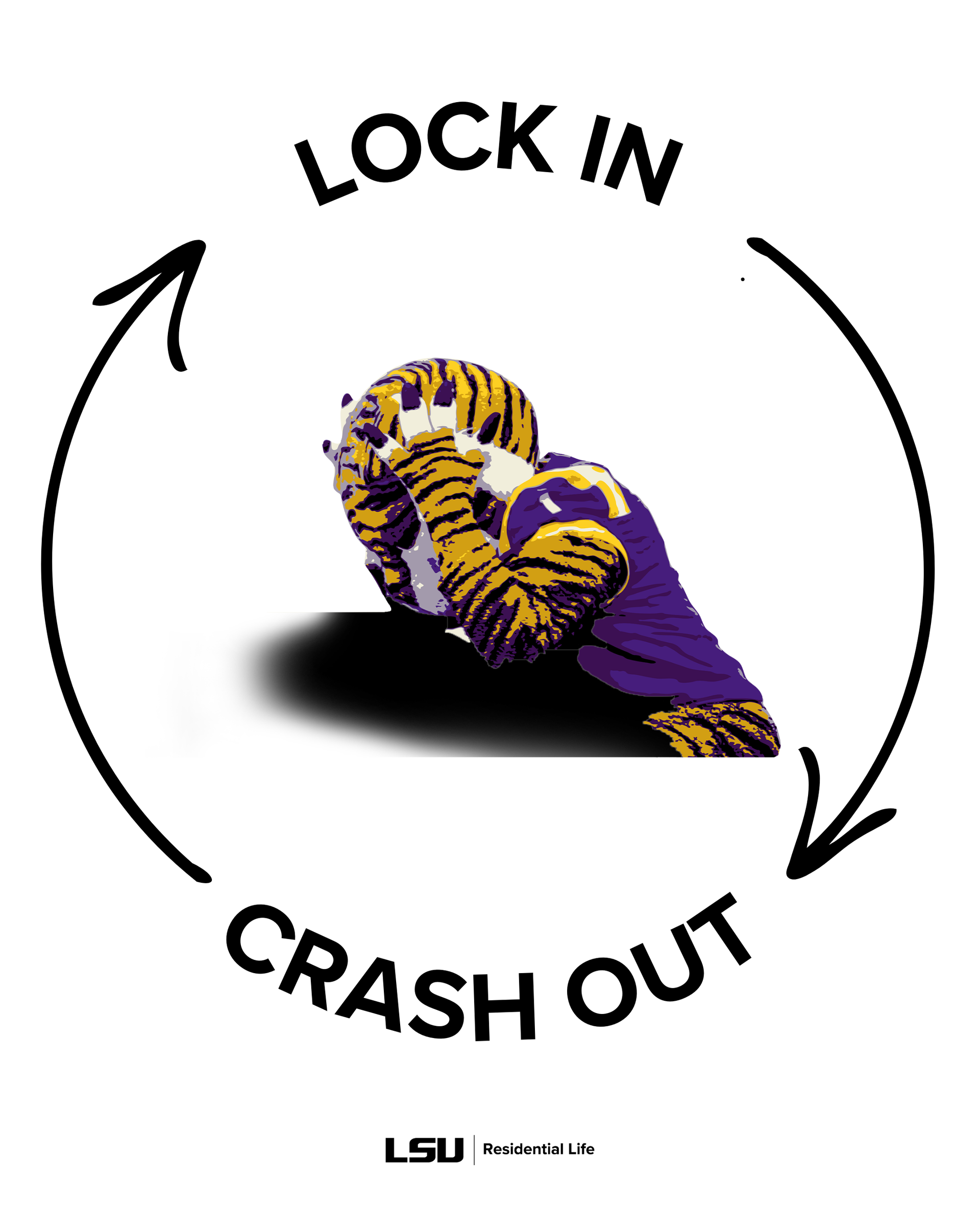 LSU tiger logo with “LOCK IN” above and “CRASH OUT” below in a circular arrow design