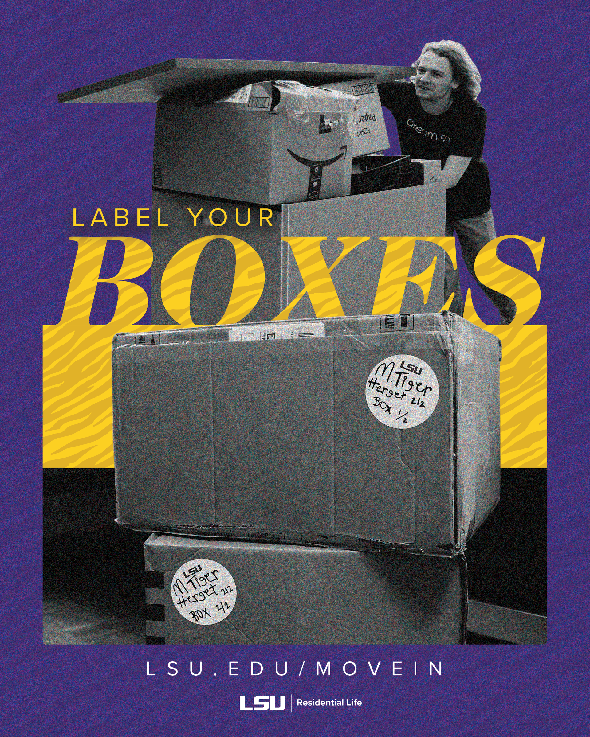 Retro poster with a person stacking boxes and the words “LABEL YOUR BOXES” in bold yellow text.