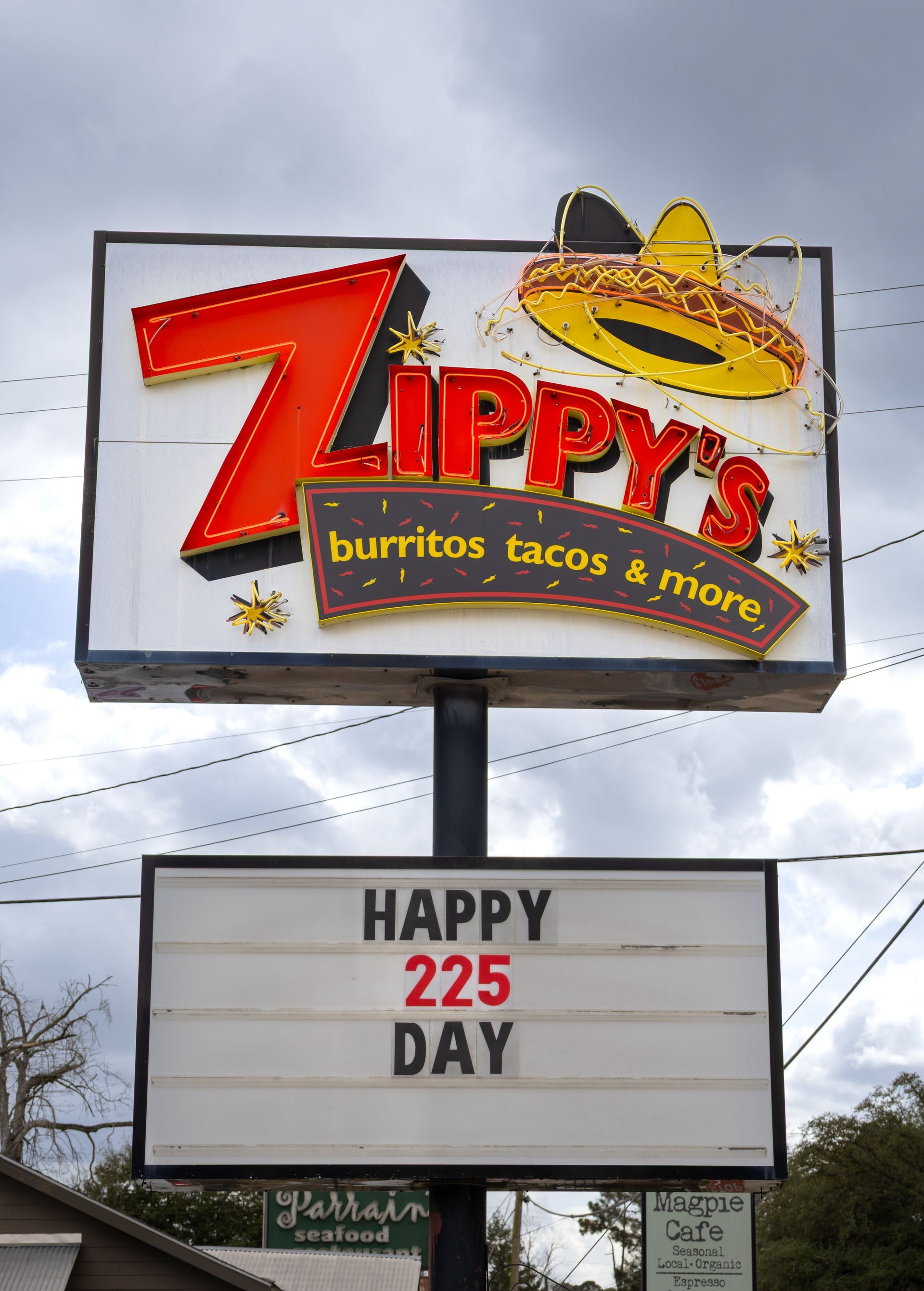 Zippy's restaurant sign with a sombrero and marquee reading 