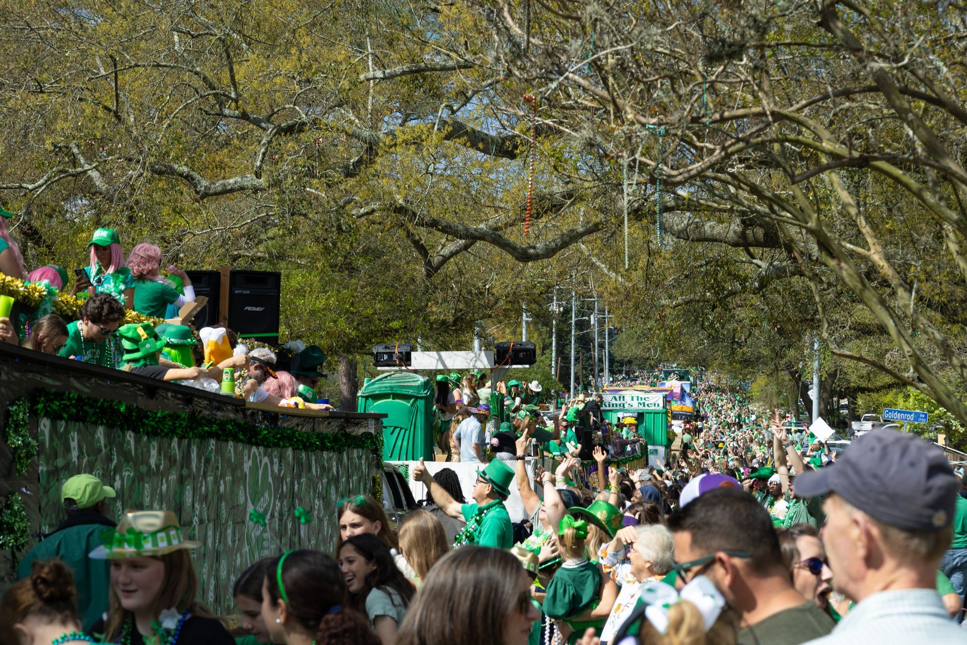 Crowd watching a green Mardi Gras parade float under trees on a sunny day