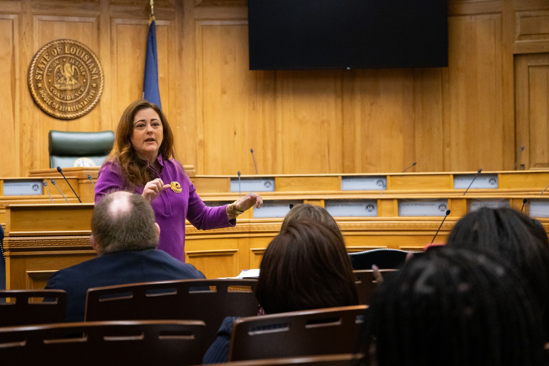 Speaker in purple jacket addressing an audience in a wood-paneled meeting room