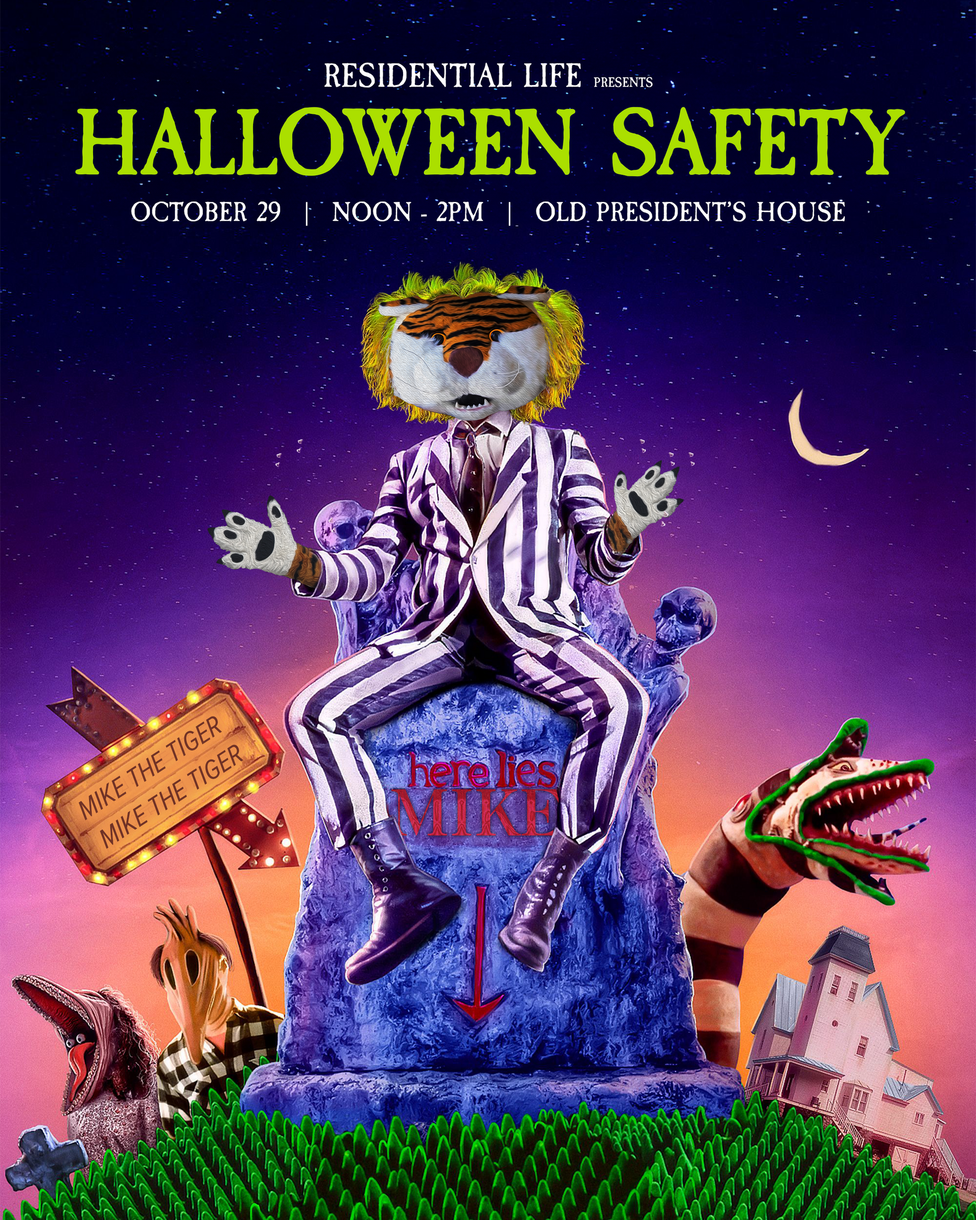 Spooky Halloween safety poster with a tiger in a striped suit sitting on a tombstone at night