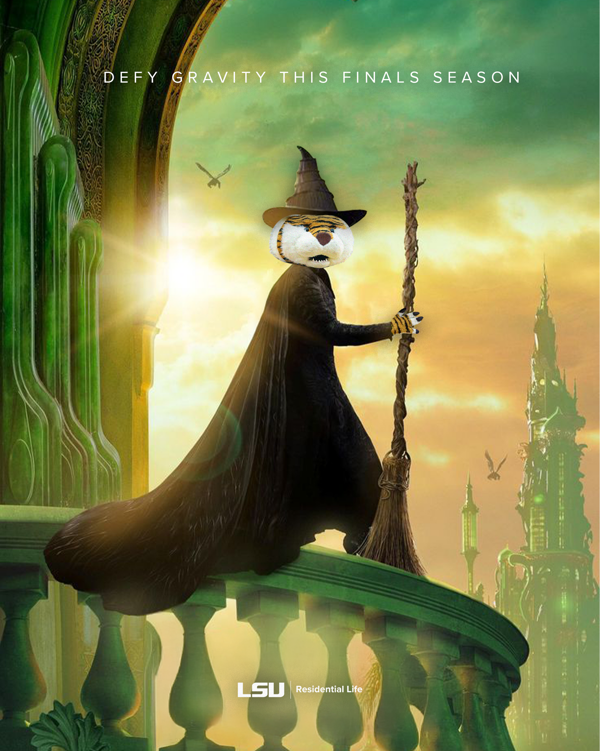 Witch in black robes and pointed hat stands on a curved balcony against a glowing green cityscape.
