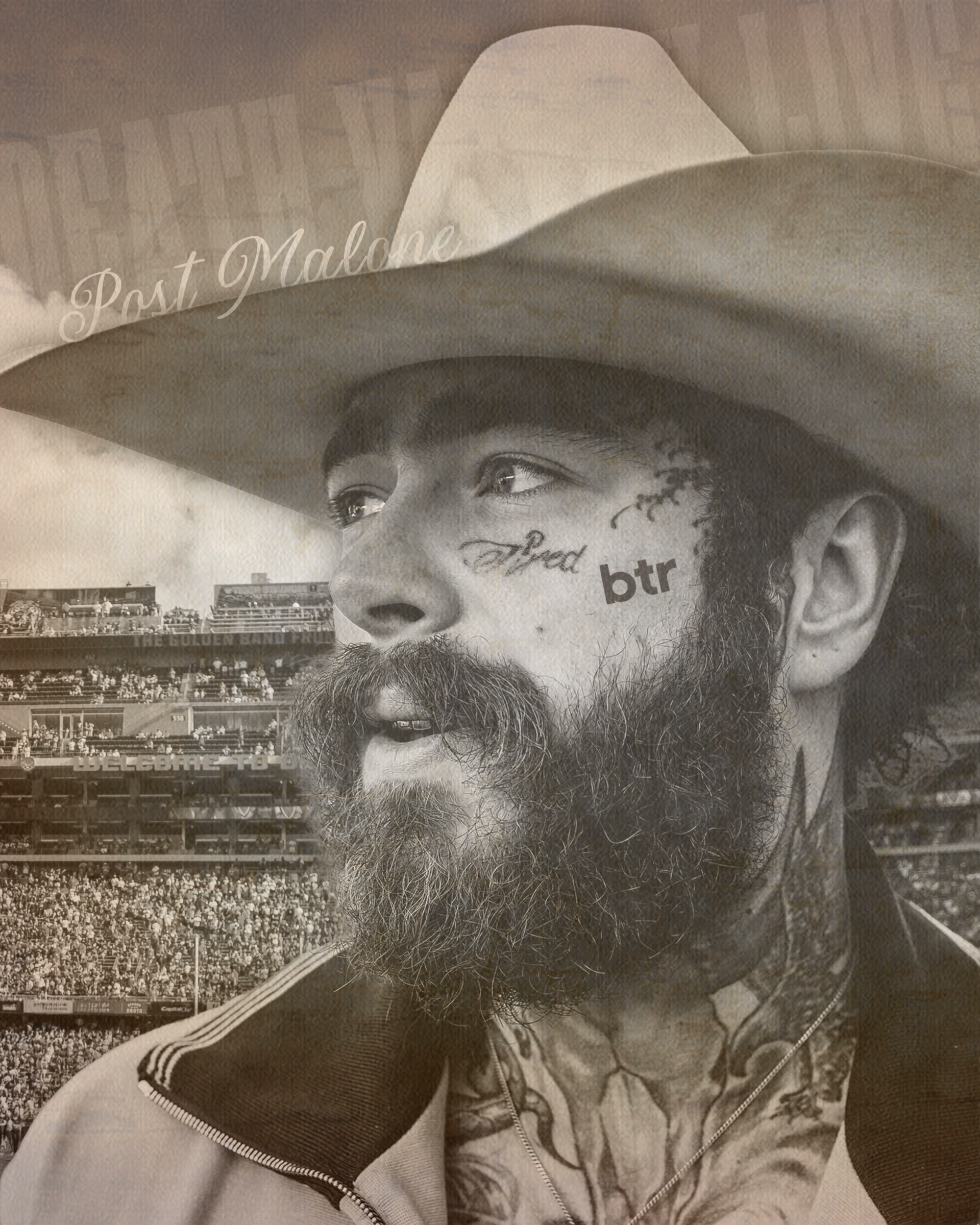 Black-and-white portrait of a bearded man in a cowboy hat at a stadium, looking off to the side.