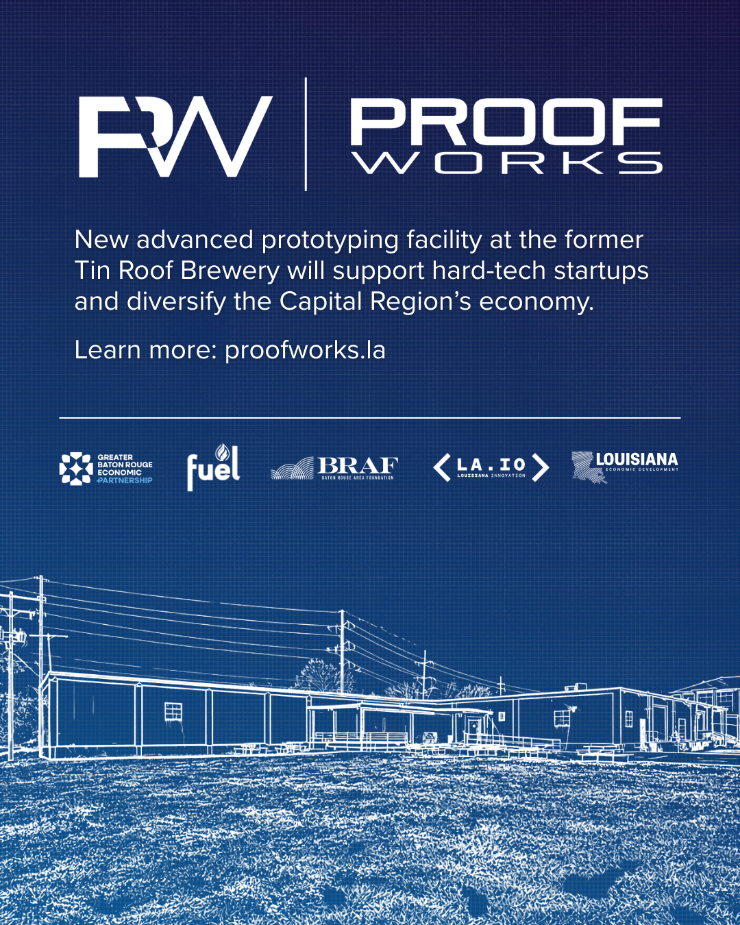 Dark blue promotional poster for Proof Works supporting startups at Tin Roof Brewery, with white text and logos