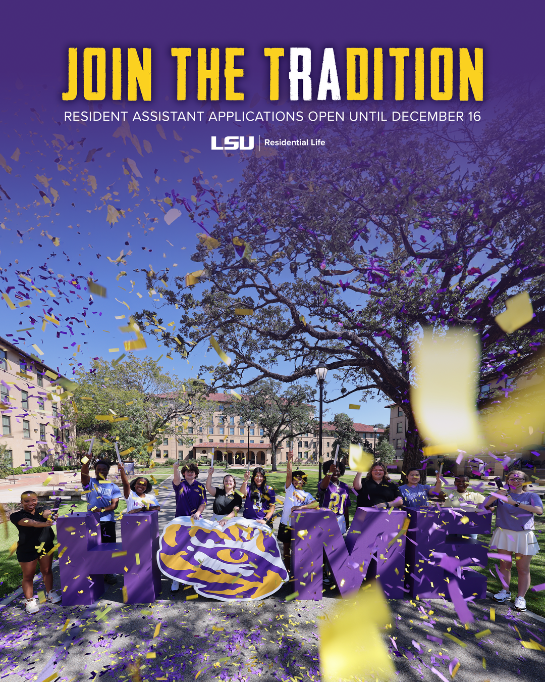 LSU parade scene with purple and gold confetti and a large purple “LSU” sign under a tree