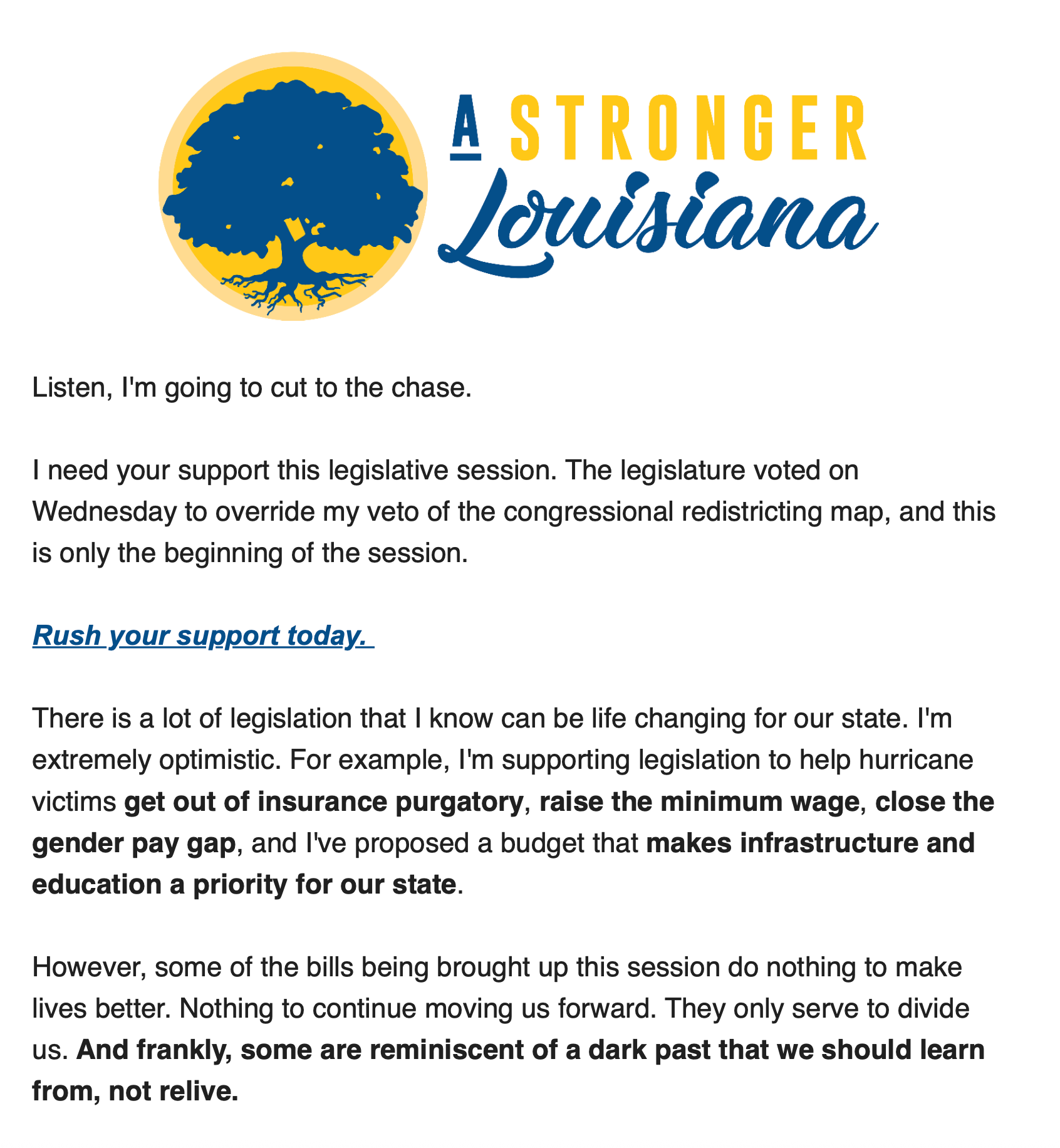 A Stronger Louisiana logo and letter urging support for the legislative session on redistricting.