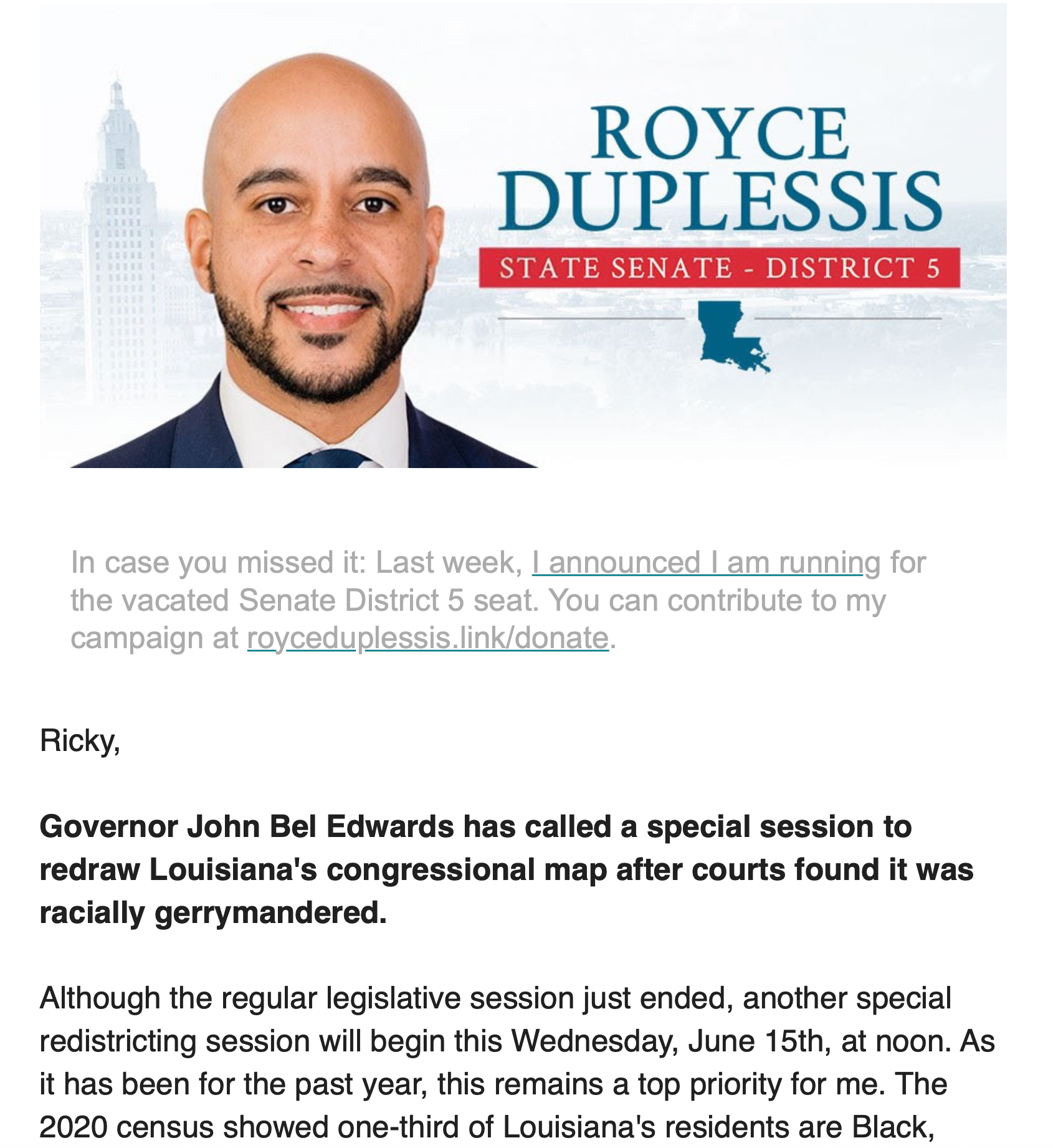 Royce Duplessis campaign graphic announcing a Louisiana Senate District 5 run and special session message